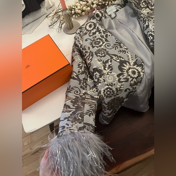 Alice McCall jacquard gray/silver blazer jacket w/ ostrich feather sleeve - US 6 - Picture 1 of 12